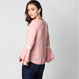 Pink polyester bell sleeve top, solid design for women's fashion