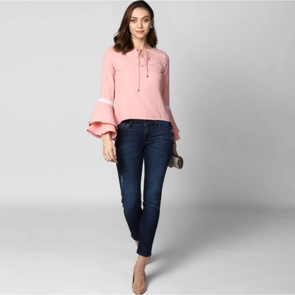 Pink polyester solid bell sleeve top, round neck, hip length with pull-on closure for women's fashion