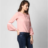 Pink polyester bell sleeve top, solid design for women's fashion