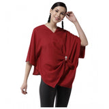 Red polyester cape sleeve top for women, solid design with v-neck and tie-up closure