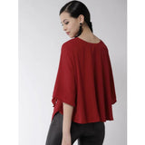 Red polyester solid cape sleeve top for women, V-neck with tie-up closure