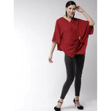 Red polyester solid cape sleeve top on model, women's v-neck, tie-up closure, hip length