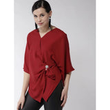Red polyester solid cape sleeve top for women on model, V-neck with tie-up closure