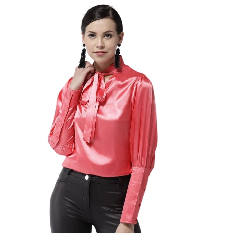 Coral polyester long-sleeve top with tie-up neck, ideal for women's fashion
