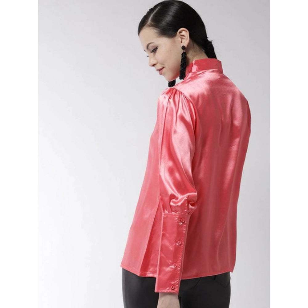 Coral polyester solid long sleeves top for women, tie-up neck, button closure, hip length