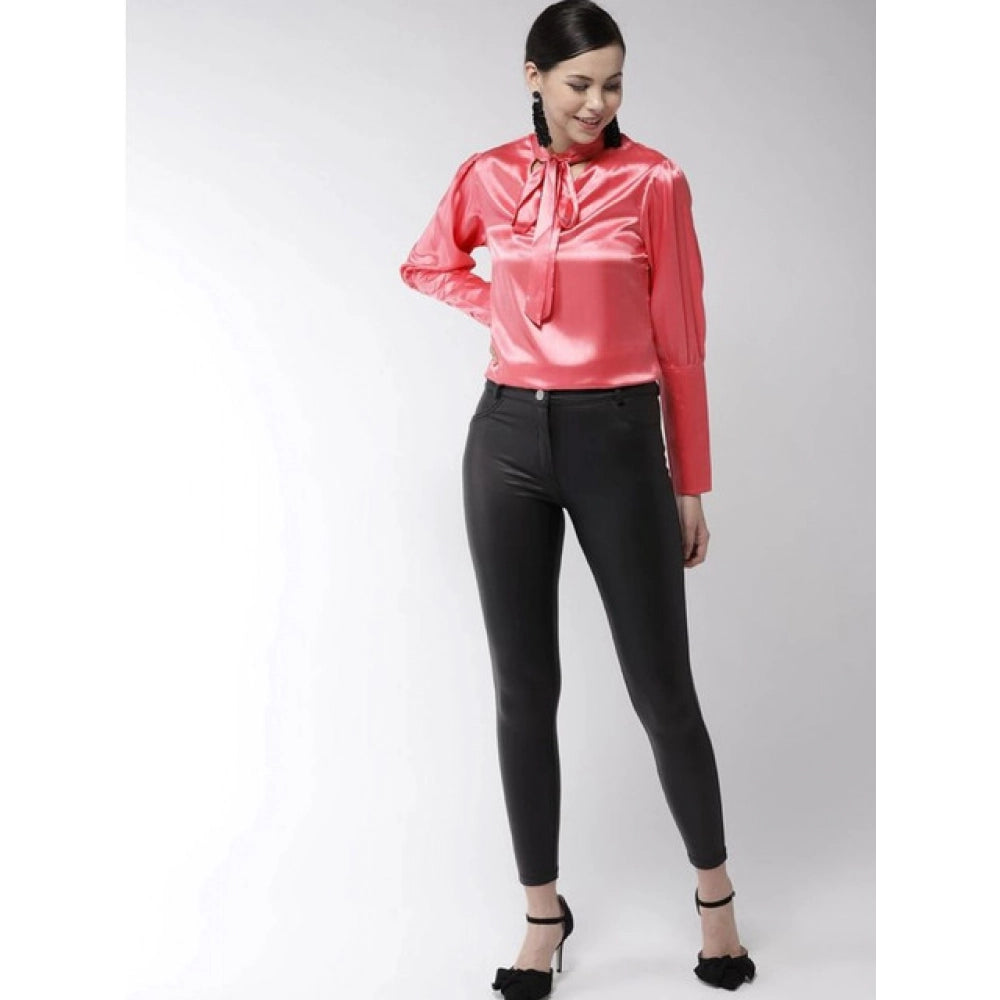 Coral polyester solid long sleeves top with tie-up neck for women, perfect for any occasion