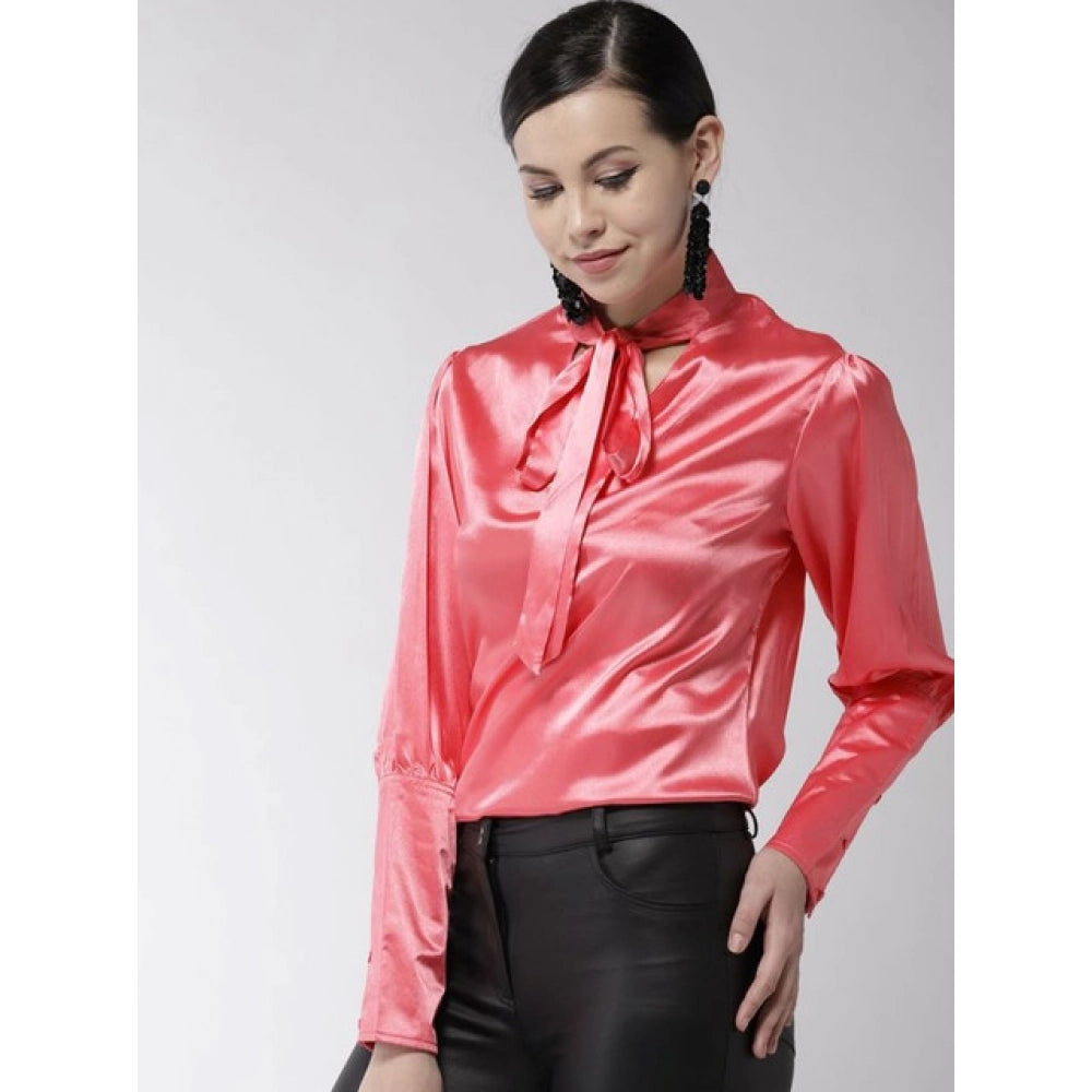 Coral polyester long sleeves tie-up top with button closure for women