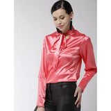 Coral polyester long sleeves tie-up top with button closure for women