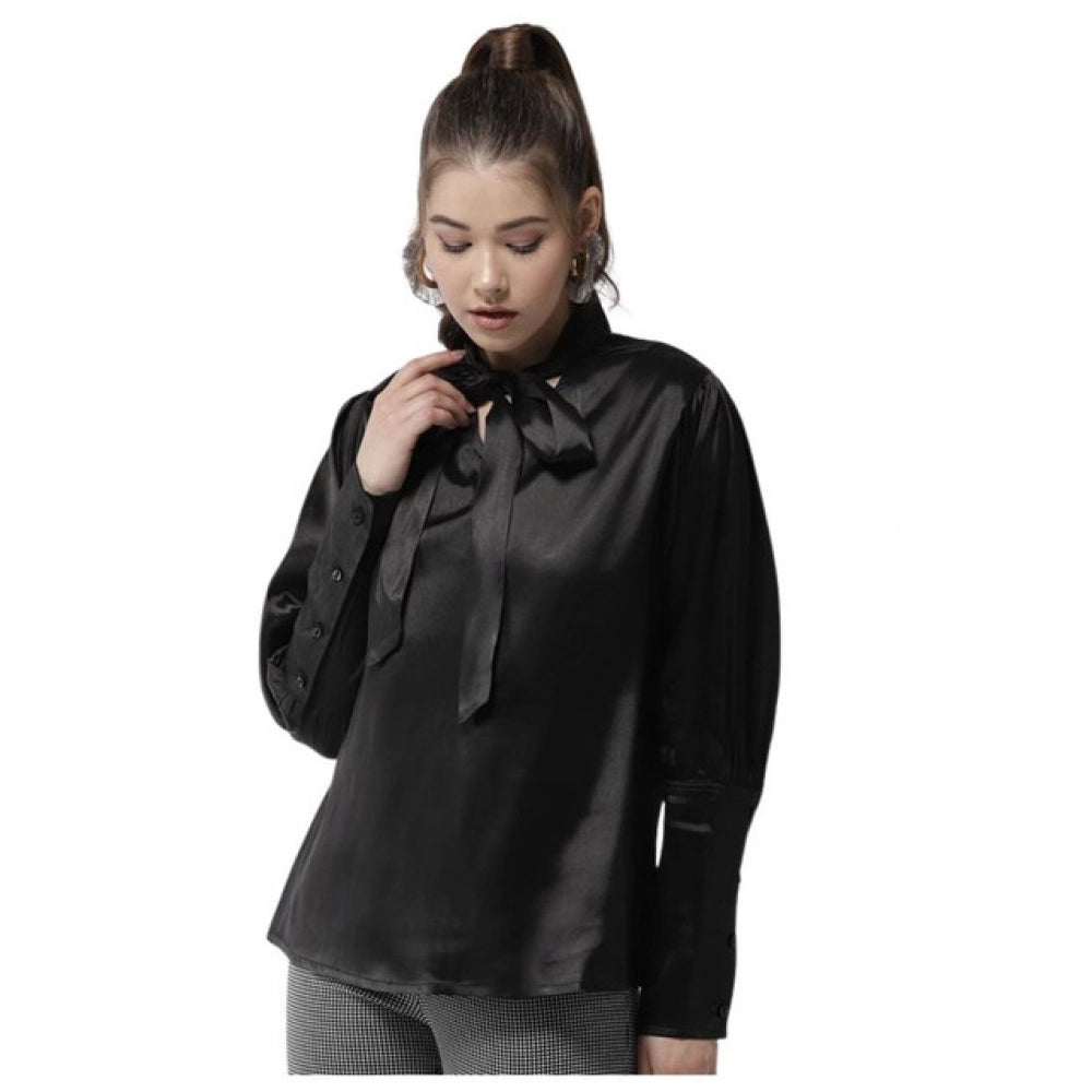 Black polyester solid long sleeves top for women with tie-up neck and hip length, ideal for formal events