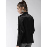 Black polyester long sleeve top, tie-up neck and hip length for women