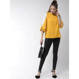 Yellow-White polyester colour block slit sleeve top for women on a hanger