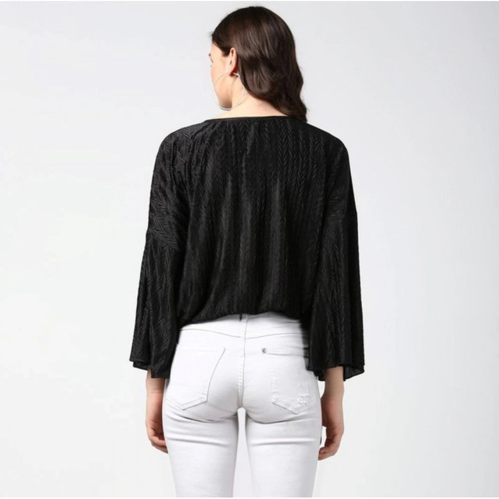 Black polyester pleated balloon sleeve top for women, hip length with round neck