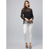 Black lace self-design short sleeve top for women, round neck with zip closure