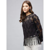 Black lace self-design short sleeve top with zip closure for women's fashion
