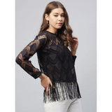 Black lace self-design short sleeve top for women, round neck, zip closure, hip length