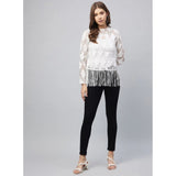 White lace self-design short sleeve top with zip closure, women's fashionable top on mannequin