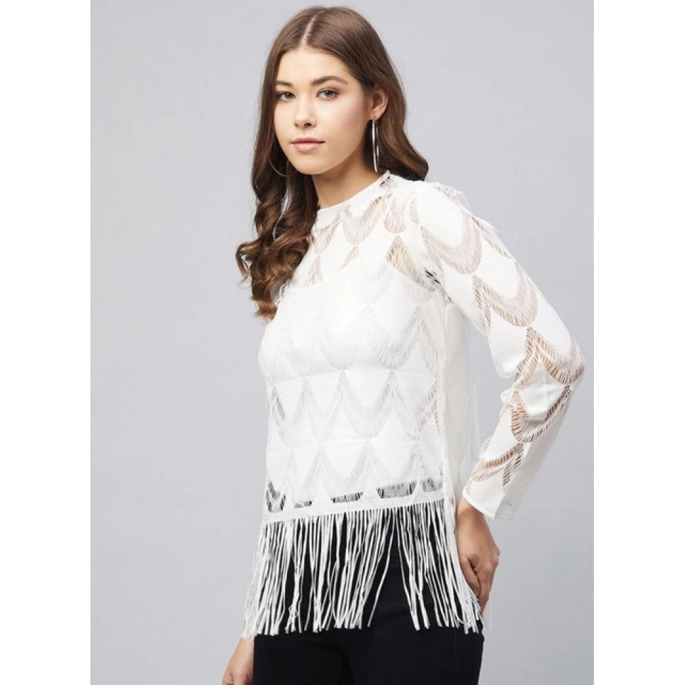 White lace self-design short sleeve top with zip closure for women's fashion