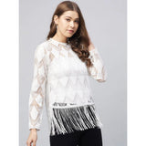 White lace self-design short sleeve top with zip closure, perfect for women's casual wear