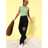 Green polyester lycra solid sleeveless top for women