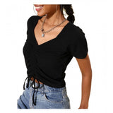 Black polyester lycra women's solid short sleeve top with V-neck, hip length