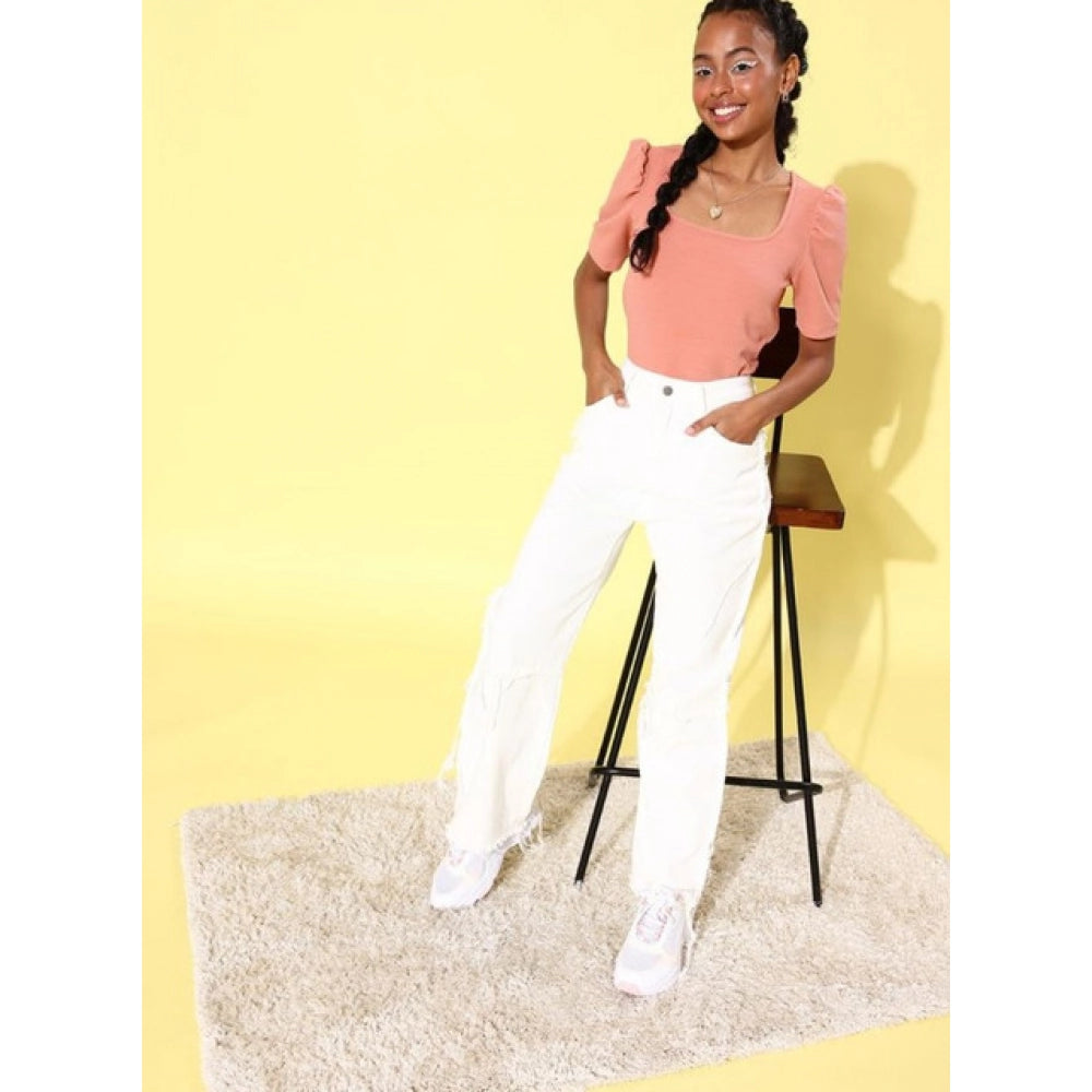Pink polyester lycra solid short sleeve top for women, square neckline with hip length