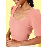 Pink polyester lycra solid short sleeve top for women, square neck and hip length
