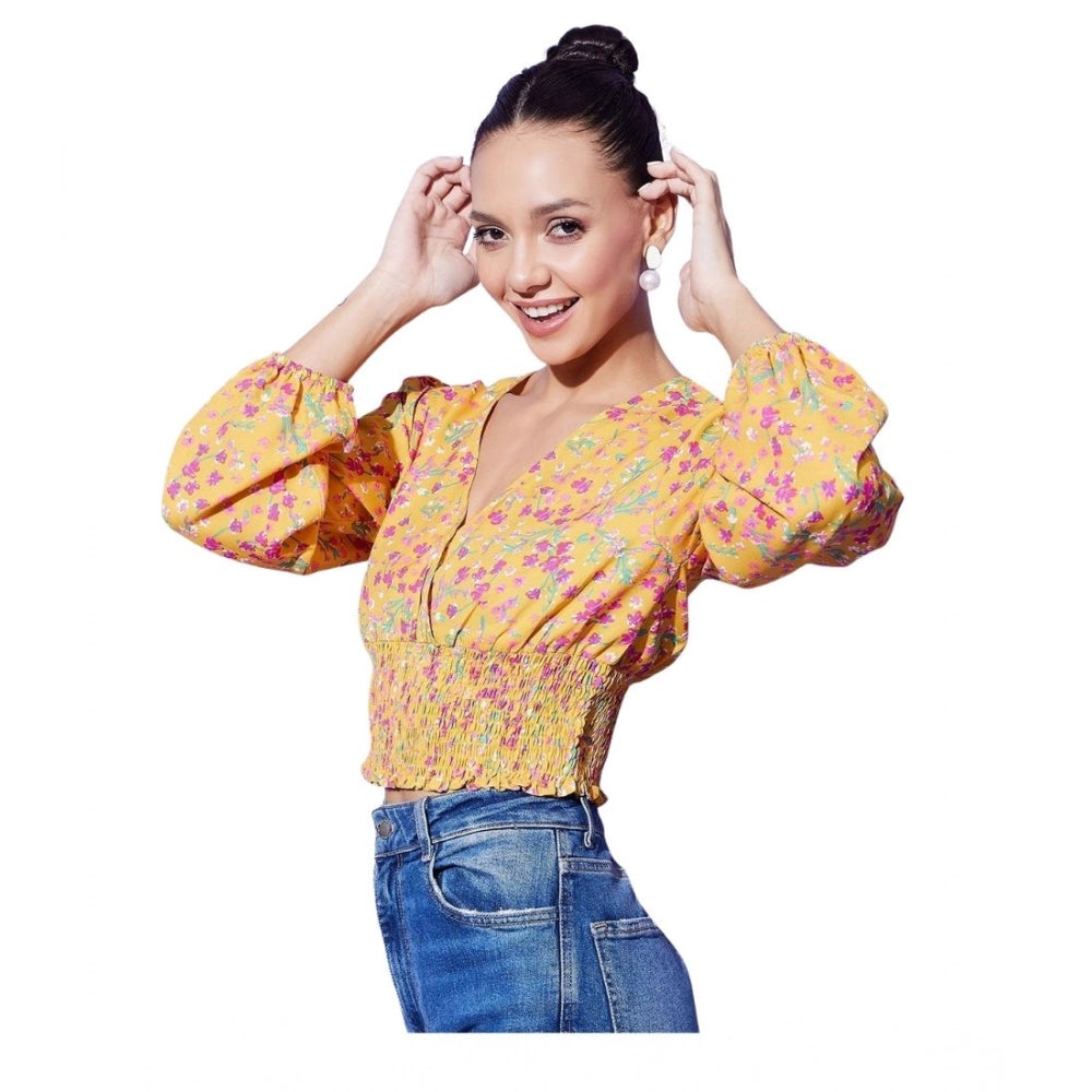 Women's multicolor polyester floral long sleeves top with V-neck, hip length, and intricate floral pattern
