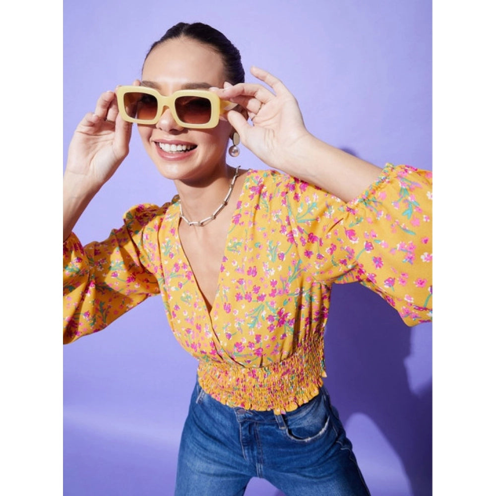 Multicolor polyester floral V-neck long sleeve top for women, vibrant floral pattern on display