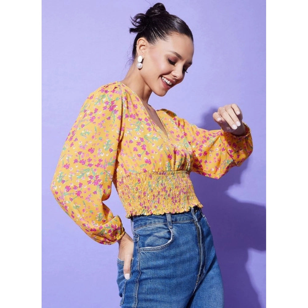 Multicolor polyester floral long sleeves top with V-neck, ideal for women's casual wear
