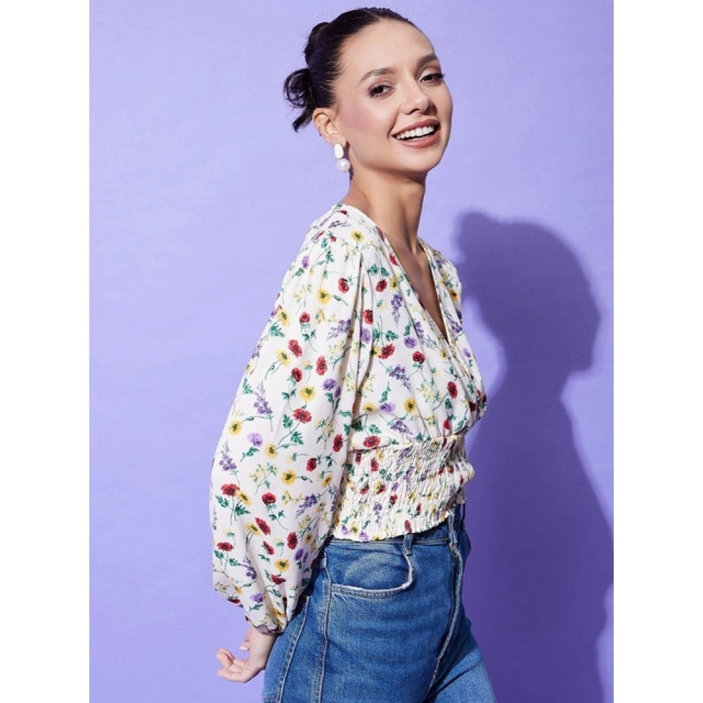 Multicolor polyester floral long-sleeve top with V-neck, suitable for women's fashion