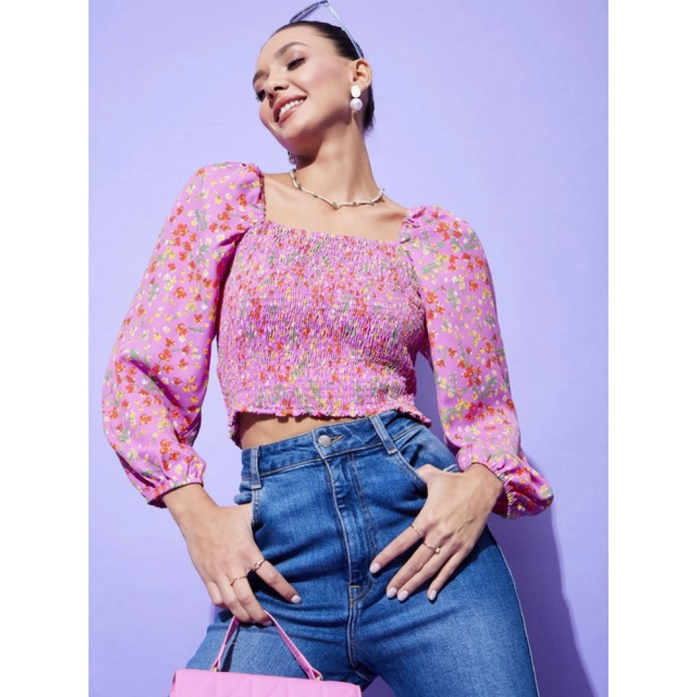 Multicolor polyester floral long-sleeve top on model, square neck, hip length