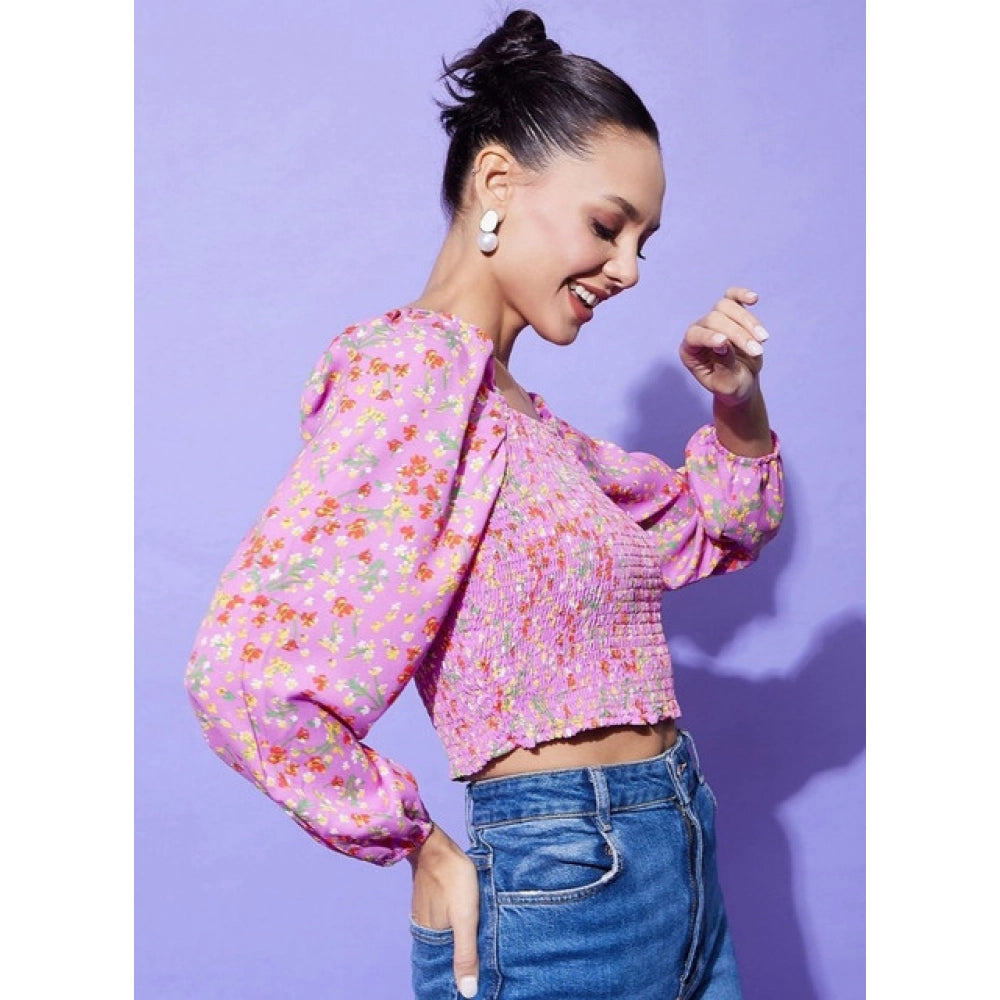 Multicolor polyester floral long-sleeve top with square neck, vibrant floral pattern on women