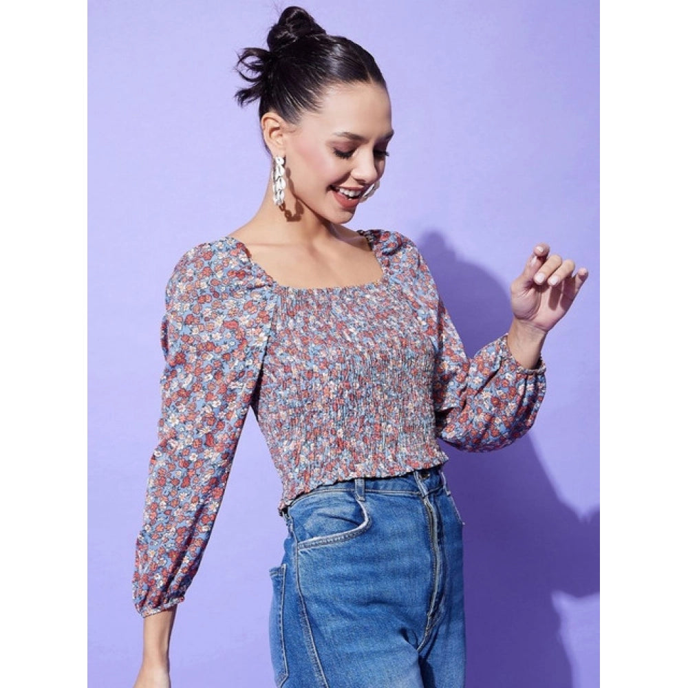 Multicolor polyester floral long sleeves top with square neck, ideal for women's casual wear