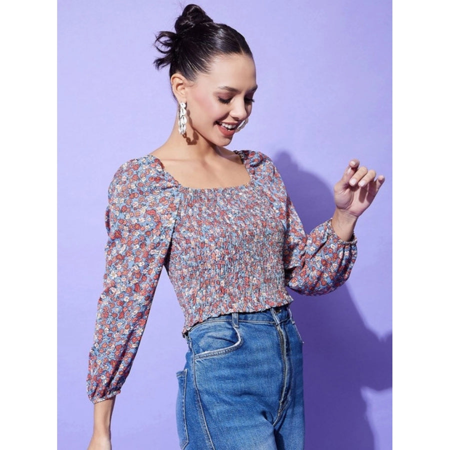 Multicolor polyester floral long sleeves top with square neck, ideal for women's casual wear