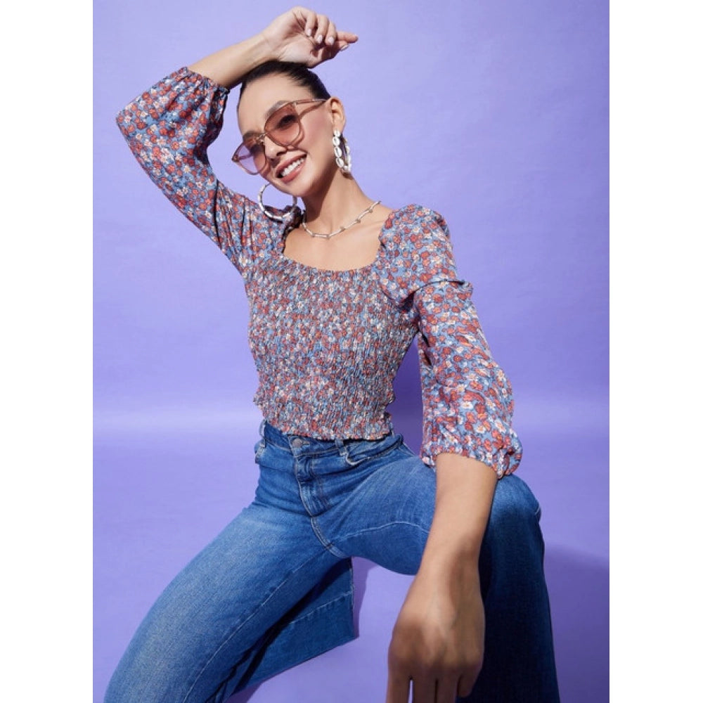 Multicolor polyester floral long sleeves top with square neck and hip length, women's fashion on mannequin