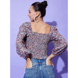 Multicolor polyester floral long sleeves top with square neck, ideal for women's casual wear