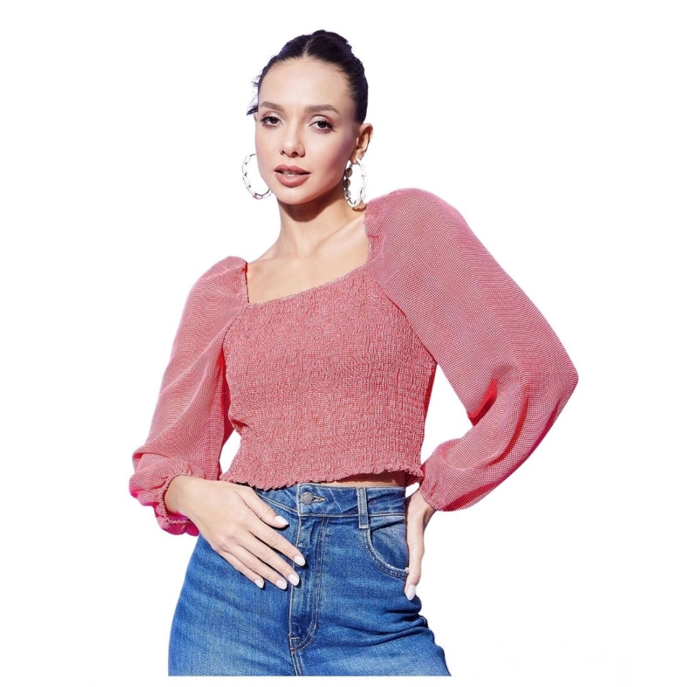 Red polyester floral long sleeves top with square neck, ideal for women's fashion