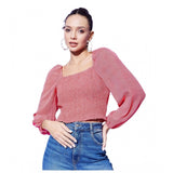 Red polyester floral long sleeves top with square neck, ideal for women's fashion