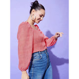 Red polyester floral long sleeves top with square neck and hip length, suitable for women's fashion