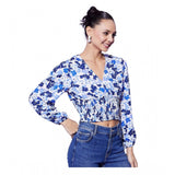 Blue polyester floral long sleeves top with V-neck on woman