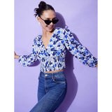 Blue polyester floral long sleeve top with V-neck, ideal for women's casual wear