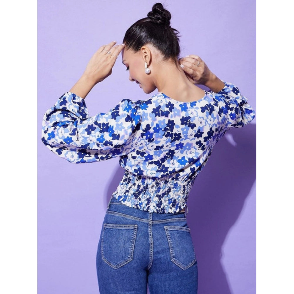 Blue polyester floral long sleeves top with V-neck, ideal for women's casual wear