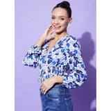 Blue polyester floral long sleeves top with V-neck, ideal for women's casual wear