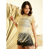 Yellow polyester lace self-design women's short sleeve top with zip closure on hanger