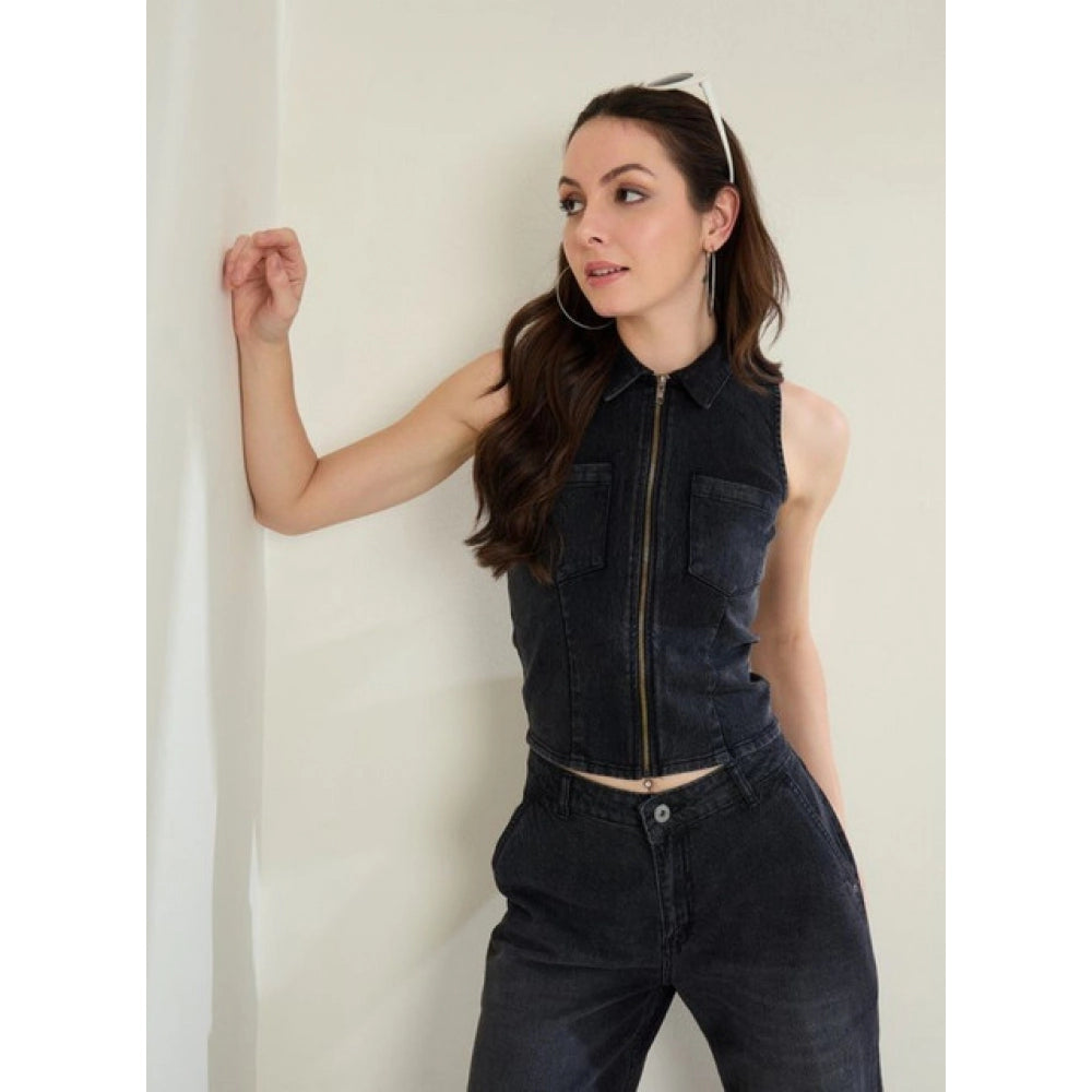 Black denim lycra sleeveless top with zip closure, solid pattern for women's fashion