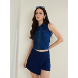 Blue Denim Lycra solid sleeveless top for women with zip closure and shirt collar neck