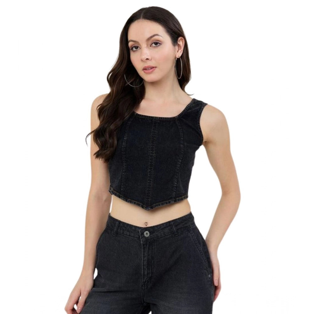 Black denim lycra sleeveless top, square neck, waist length with zip closure