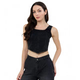 Black denim lycra sleeveless top, square neck, waist length with zip closure