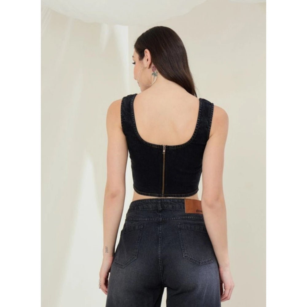 Black denim lycra sleeveless top with square neck, waist length, and zip closure for women's fashion