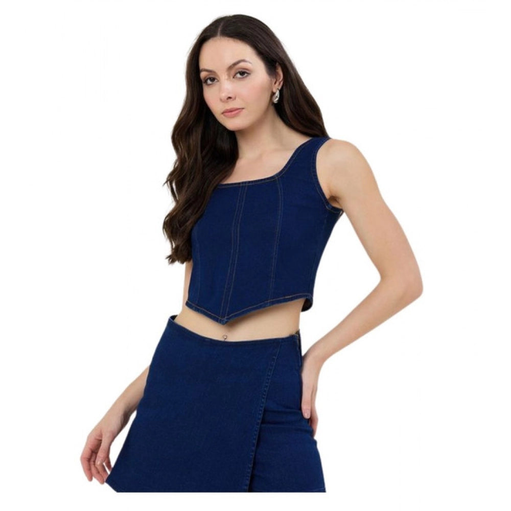 Blue denim Lycra sleeveless top with square neck and zip closure, solid pattern